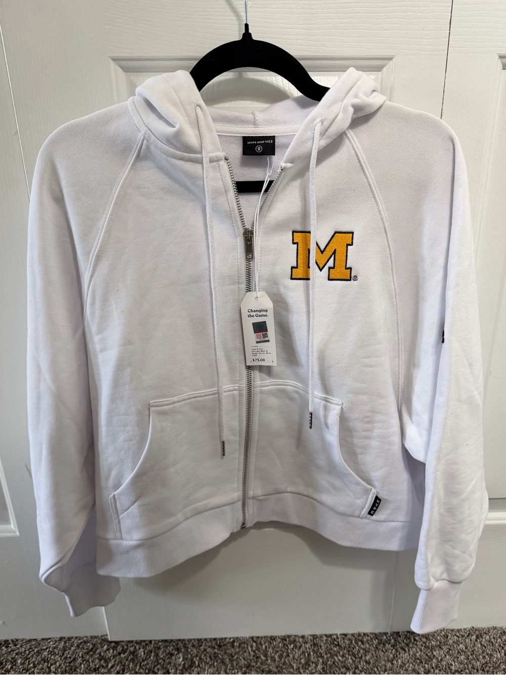 White Zip Hoodie with Gold 'M' Patch